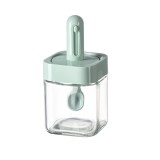 Recipient pentru depozitarea condimentelor, flippy, borcan din sticla, capac si lingura incorporate, uz casnic, 300 ml, 7.1x7.1x14.8 cm, verde