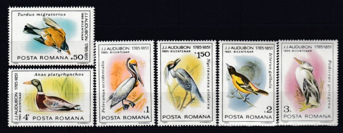 ROMANIA 1985 LP 1129 PASARI OCROTITE BICENTENARUL AUDUBON SERIE MNH