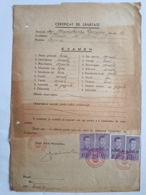 Certificat de sanatate, apt conducator de automobile, Ploesti 1943 / CD1P foto