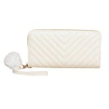 Portofel Dama Alb Piele PU Model V Minimalist cu Pompon Compartimente Carduri