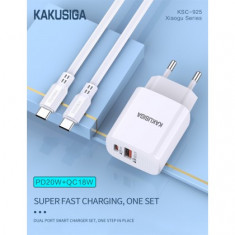 Incarcator Retea KAKUSIGA KSC - 925, PD 20W + QC 3.0 + Cablu de incarcare USB Type-C, Alb Blister