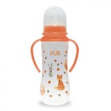 Biberon cu desen si manere, piersica, +6 luni, 250ml, PUR