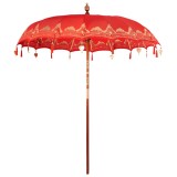 Umbrelă de Soare Balineză vidaXL Roșie 220x250cm Bumbac &amp; Lemn, Pliabilă, Grădină Terasă
