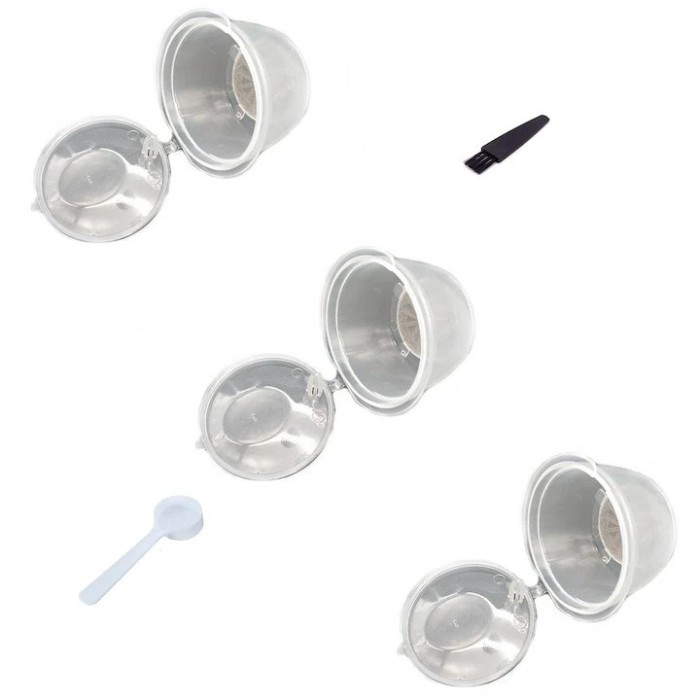 Set 3 Capsule cafea, reutilizabile, reincarcabile, compatibile Dolce Gusto, transparente, cu periuta si