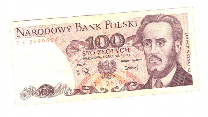 Bancnota Polonia 100 zloti 1988, circulata, stare buna