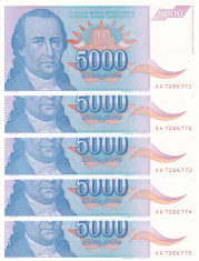 IUGOSLAVIA lot 5 buc. X 5.000 dinara 1994 UNC!!! foto