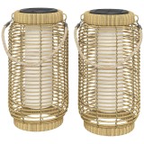 Outsunny Set de 2 Lampadare Exterioare Solare din Rășină &Icirc;mpletită, Lumină LED de Grădină din Oțel, Pornire/Oprire Automată Bej nisip | Aosom Romania