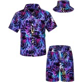 Set de cămașă hawaiană și pantaloni scurți pentru băieți cu imprimeu tropical și pălărie Matchstick, ținută de vară Cabana &ndash; Mov 9-10T