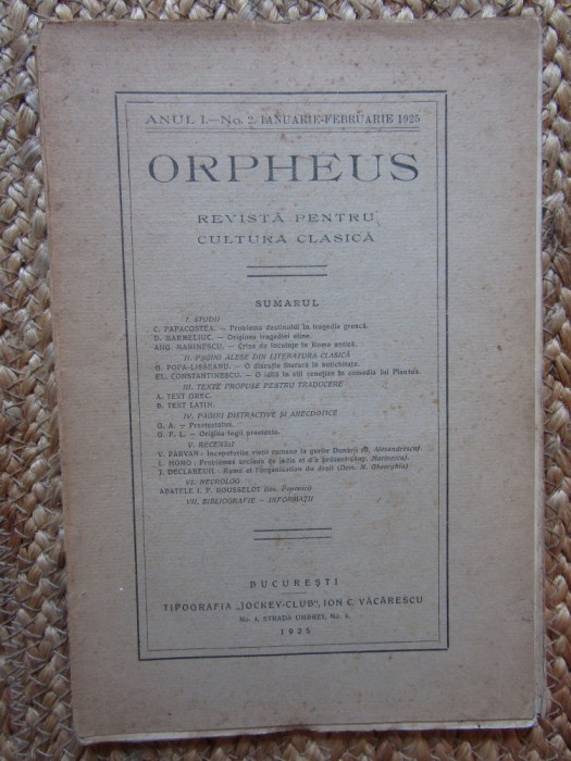 REVISTA ORPHEUS - PENTRU CULTURA CLASICA NR.2/1925