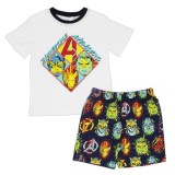 Cumpara ieftin Pijama Marvel Avengers pentru Baieti, Set 2 Piese, Tricou si Pantaloni Scurti, Bumbac Moale, Design Avengers, Alb, 10 ani Alb 140-146 CM
