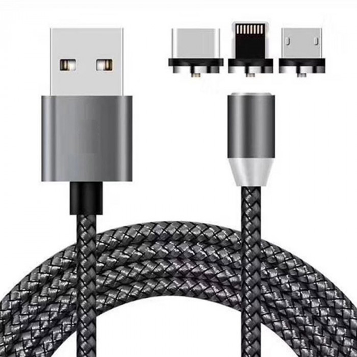 Cablu de incarcare Premium 3in1 Magnetic cu LED USB-C, MicroUSB si Lightning, 2M lungime