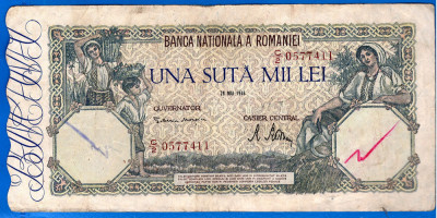 (56) BANCNOTA ROMANIA - 100.000 LEI 1946 (28 MAI 1946), FILIGRAN ORIZONTAL foto