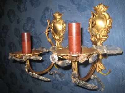 9752-Set 2 Aplice electrice pereche stil Baroc sticle cristal bronz masiv aurit. foto
