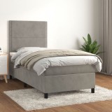 Gossi pat box spring cu saltea, gri deschis, 80x200 cm, catifea