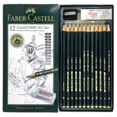 Set 12 Creioane Grafit Faber – Castell 9000 Set Arta, Forma Hexagonala, Ambalate in Cutie Metalica, Densitati Diferite, Creione Grafit Scoala, Rechizi