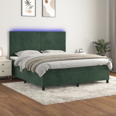 vidaXL Pat cu arcuri, saltea și LED, verde &amp;icirc;nchis, 160x200 cm, catifea 3136014 foto
