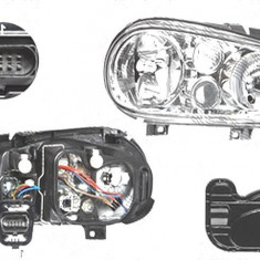 Far Volkswagen Golf 4 (1j) (Hb + Combi), 08.1997-09.2006; Golf 4 Cabriolet (1exo), 04.1998-10.2003 , fata, Dreapta, cu Proiector ceata; H1+H3+H7+PY21