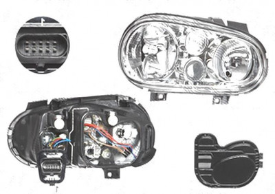 Far Volkswagen Golf 4 (1j) (Hb + Combi), 08.1997-09.2006; Golf 4 Cabriolet (1exo), 04.1998-10.2003 , fata, Dreapta, cu Proiector ceata; H1+H3+H7+PY21 foto