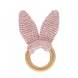 Jucarie Dentitie Bumbac Inel Lemn BabyJem Amigurumi Roz +3 Luni Lucrata Manual 6.5x10cm