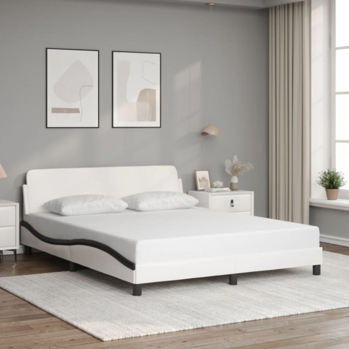 vidaXL Cadru de pat cu tăblie, alb/negru, 160x200 cm, piele ecologică 373224