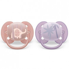 Suzete Ultra Soft Philips Avent, 0-6 luni, 2 bucati, Roz si Mov cu Desen, SCF091/09, Philips