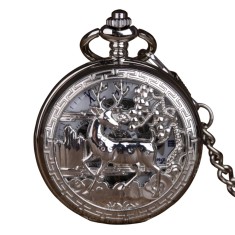 Ceas de buzunar Gorben PM076 Argintiu - Steampunk, Mecanic, Afișaj cu Cifre Romane, Cu Lant Vintage Retro