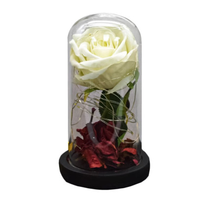 Trandafir in cupola de sticla Pufo Sparkle Rose, decorat cu lumini LED, 21 cm, alb foto