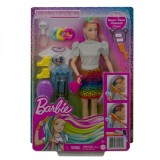 Papusa Barbie cu par curcubeu, schimbare de culoare si accesorii