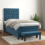 VidaXL Pat box spring cu saltea, albastru &icirc;nchis, 90x190 cm, catifea