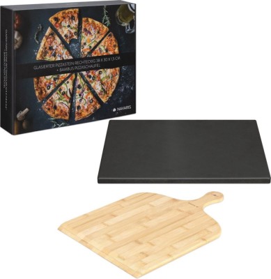 Set Piatra pizza smaltuita 30x38cm si lopata pizza din bambus, Navaris, Negru/Bej, 51246.01.02 foto