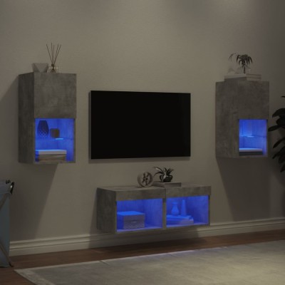 vidaXL Comode TV de perete cu lumini LED, 4 piese, gri beton foto
