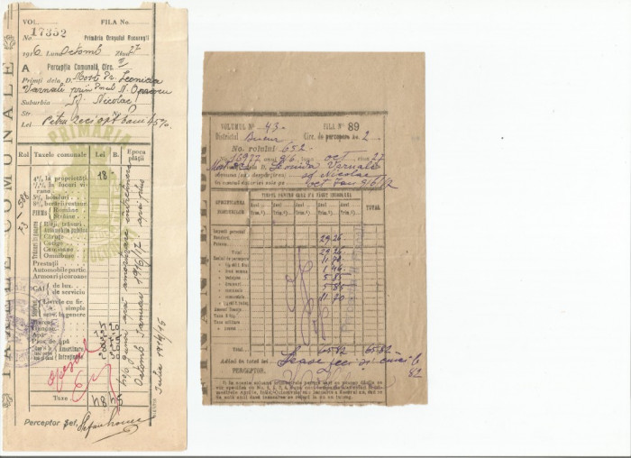 Rom&acirc;nia, taxe comunale, factură şi chitanţă, Percepţia comunală Bucureşti, 1916