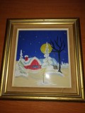 Tablou cusut brodat manual broderie veche inramata pe panza albastra peisaj de iarna casa luna noapte rama lemn