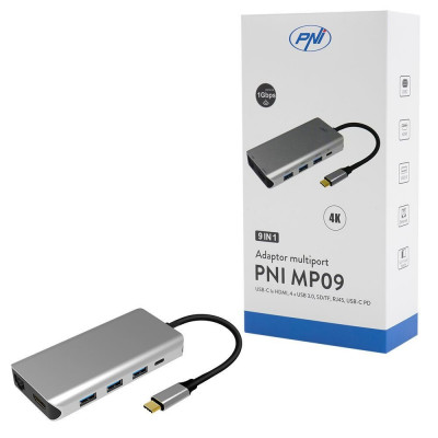 Pni Adaptor Multiport MP09 USB-C La HDMI, 4 x USB 3.0, SD/TF, RJ45, USB-C PD, 9 Iesiri 45506528 foto