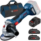 Bosch GWS 180-LI + 1600A016GF + 1619BZ0100 - Polizor unghiular 125 mm + Set 2 acumulatori si incarcator Li-Ion 18 V 4 Ah + Geanta textila