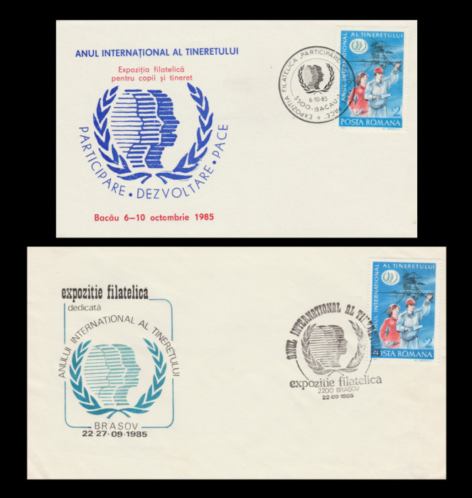 1985 Anul International al Tineretului Brasov, Bacau 2 plicuri stampile speciale