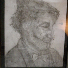 grafica Portret cu basca, semnat Vasile Grigore, 24x30 cm