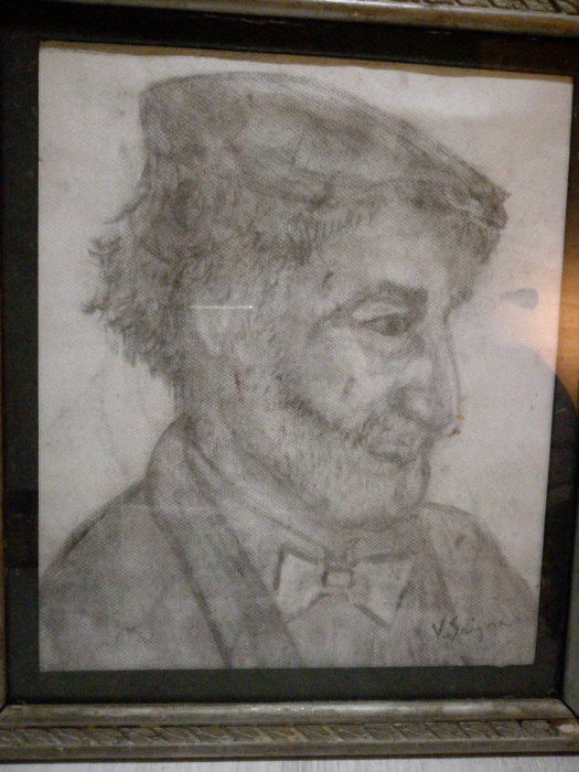 grafica Portret cu basca, semnat Vasile Grigore, 24x30 cm