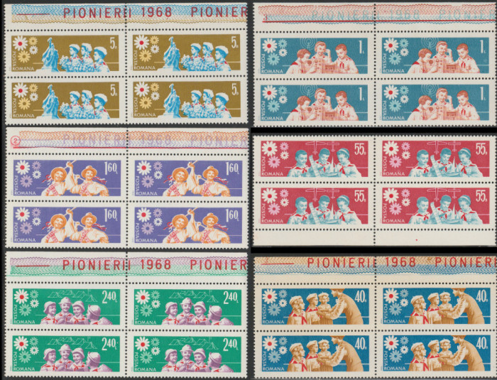 1968 Romania - Pionieri, blocuri de 4 timbre cu margini de coala, LP 674 MNH