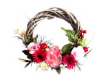 Coronita Decorativa Handmade cu Flori Artificiale, Trandafiri si Crizanteme, Diametru 20cm