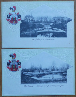 Magdeburg , 2 carti postale cromolitografiate , embosate , inceput de secol 20 foto
