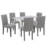 Set Masa Leziter Megan 6 1 Alb-Gri, Piatra Sinterizata, Piele ECO, 140x80 cm, 6 Locuri