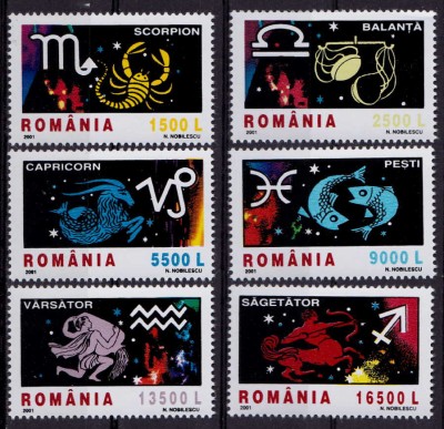 RO 2001 LP 1574 &amp;quot;Semnele zodiacului I &amp;quot; serie MNH de foto