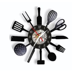 Ceas de perete decorativ realizat din disc de vinil, Model Ustensile de Bucatarie si Chef Bucatar, Design Culinar, Negru, 30 cm