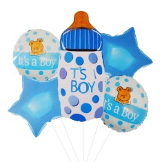 Set 5 baloane folie, 45cm &ndash; 79cm, forma biberon, it&rsquo;s a boy &ndash; baby boy, albastru, Ropet