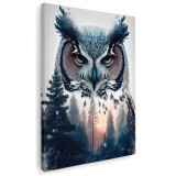 Tablou canvas padure bufnita rasarit albastru, alb, roz 1134 Tablou canvas pe panza CU RAMA 60x80 cm