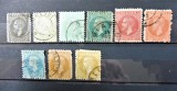 Romania 1879 - 1880 - Carol I - emisiunea Bucuresti 2 inclusiv 2 varietati de culoare la 5 bani si 50 bani - stampilate (T154)