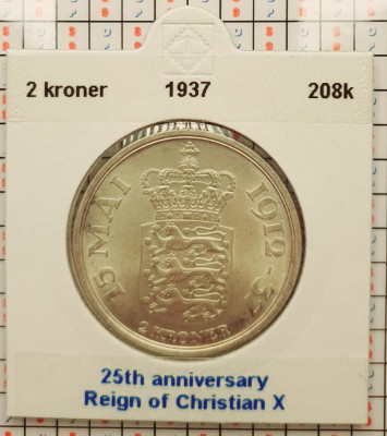 Danemarca 2 kroner 1937 argint - Silver Jubilee of Reign - km 830 - G011 foto