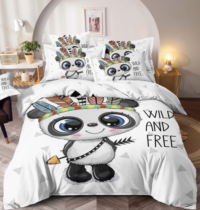 Lenjerie pat dublu 3D,bumbac finet,6 piese,cearceaf de pat normal,alba,imprimeu cu Indian Panda-A1031