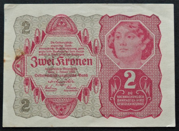 Bancnota istorica 2 COROANE/ KRONEN- AUSTRIA, anul 1922 *cod 392 C = unifata